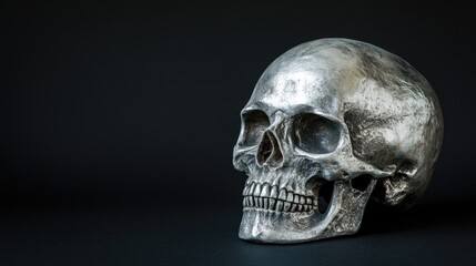 A silver skull embodies the concept of death, representing a dying head against a black background. This gravestone and Halloween symbol create a striking visual with ample copy space.