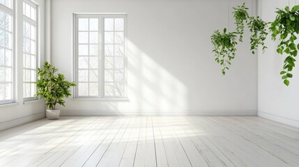Fototapeta premium Bright and airy spacious room with white walls, offering ample space for creativity and personalization, ideal for various uses. Photo captures the essence of spacious room design with copy space.