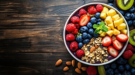 An acai bowl filled with vibrant fresh fruits, crunchy nuts, and nutritious seeds presented beautifully on a wooden table, complemented by ample copy space for creative use.