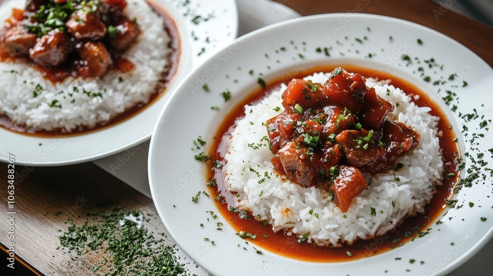 Poster two plates of white rice, garnished with sauce and meat, are artfully arranged on a table, creating 
