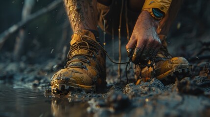 A close-up shot of an athlete tying laces on rugged, muddy shoes, highlighting determination. The scene conveys adventure and resilience in a natural setting.