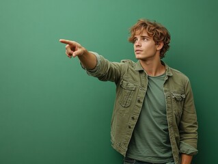 A man in a green jacket points at something against a solid green background, suggesting focus and direction in the image.