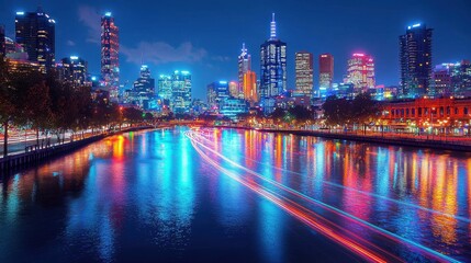 Naklejka premium Night Cityscape with River and Light Trails