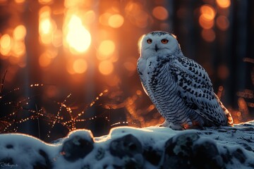 A serene white owl perched on a branch amidst a snow covered dark forest landscape
