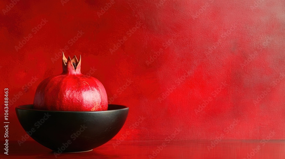 Aufkleber red ripe pomegranate sits in a bowl against a vibrant red background, highlighting the rich color an