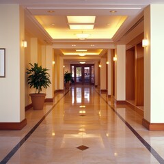 Fototapeta premium A well-lit hallway with polished floors and decorative plants.