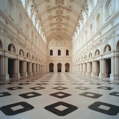 Obraz premium Grand architectural hall with ornate details and patterned flooring.