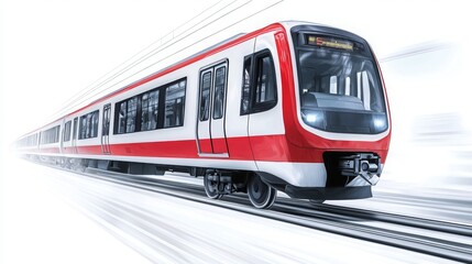 Fototapeta premium Modern train speeds through urban landscape in dynamic motion capture
