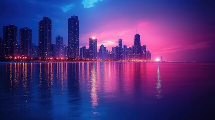 Fototapeta premium Night City Skyline with Reflections and Glowing Lights