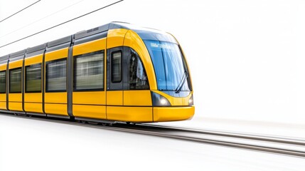 Fototapeta premium Yellow tram travels smoothly along modern tracks in urban landscape
