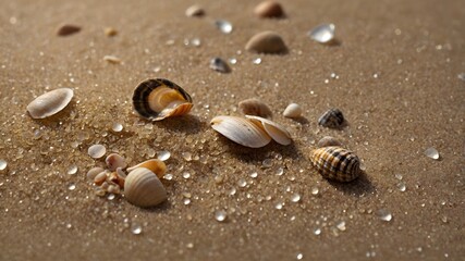 A close-up view of a sandy beach with a variety of seashells lying scattered on the surface