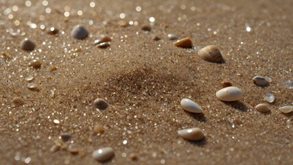 A close-up of a sandy beach with small shells scattered across the surface, glistening under natural sunlight