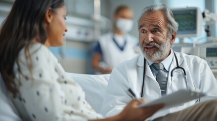 A female doctor with a clipboard converses with a male patient in a hospital setting. Medical equipment is visible in the background, emphasizing a clinical atmosphere.