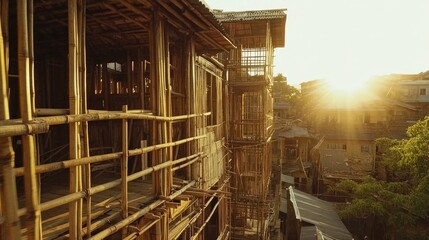 Obraz premium Bamboo house construction taking place in bright sunlight, highlighting the intricate details of bamboo craftsmanship. The bamboo house offers ample space for creativity and development.
