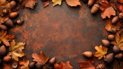 Autumn acorns and leaves scattered across a field create a vibrant seasonal display. The acorns and leaves add rich textures and colors, perfect for autumn-themed imagery with ample copy space.