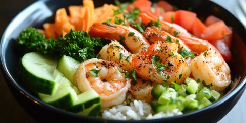 Nutritious and vibrant shrimp bowl salad featuring fresh vegetables and rice, delivering a delightful mix of flavors and health benefits in every bite.