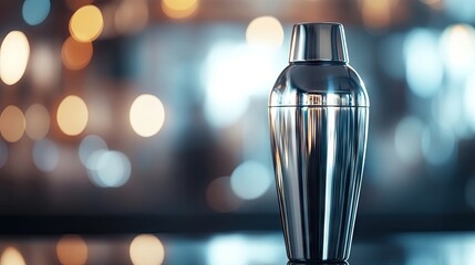 Naklejka premium Close-up of a cocktail shaker set against a blurred background, perfect for emphasizing the cocktail shakers sleek design. Ample copy space available for creative use.