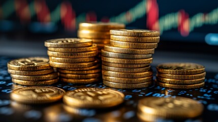 Gold coins are stacked neatly on a digital surface showing various stock market trends and graphs, illustrating financial investment dynamics in a modern setting.