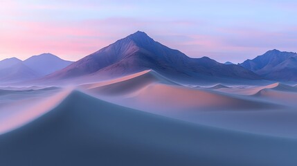 Fototapeta premium A tranquil landscape showcasing rolling sand dunes under a pastel sky, with distant mountains illuminated by soft morning light, evoking a serene and dreamy atmosphere.