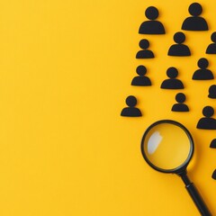 A magnifying glass beside black human figures on a yellow background.