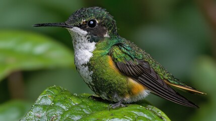 Fototapeta premium Green and White Hummingbird Perched on a Leaf in a Rainforest