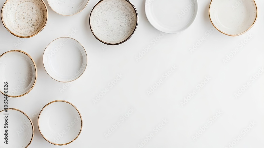 Poster empty bowls arranged on a clean white background, with an empty plate positioned above them, creatin