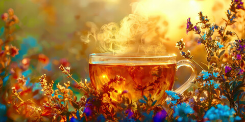 A cup of tea is sitting on a table with flowers in the background