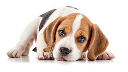 Curious beagle puppy sniffing isolated on white background