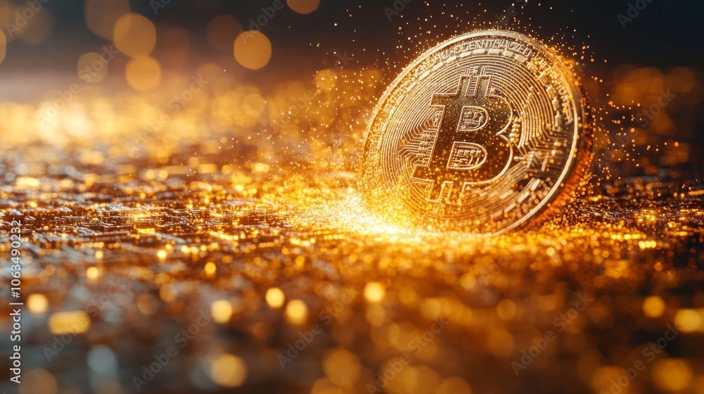 Poster A luminous bitcoin coin emerges from a glittering golden surface, capturing the essence of the digital currency's rising significance and allure in the financial landscape.