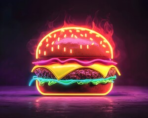 Glowing Neon Cheeseburger Sign Capturing Late Night Fast Food Cravings
