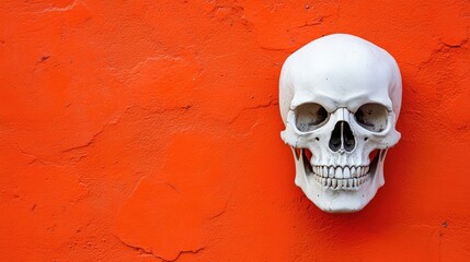 White skull displayed against an orange wall, creating a striking contrast. This image of a white skull can be used in various artistic contexts with ample copy space.