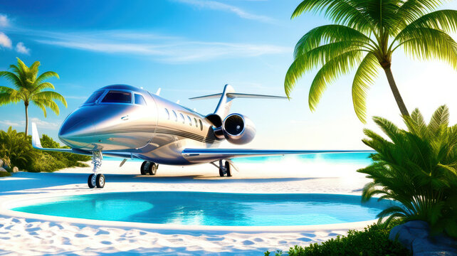 A silver jet is parked on a beach next to a pool