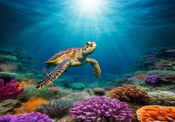 Obraz premium Turtle underwater world corals for 3d floor