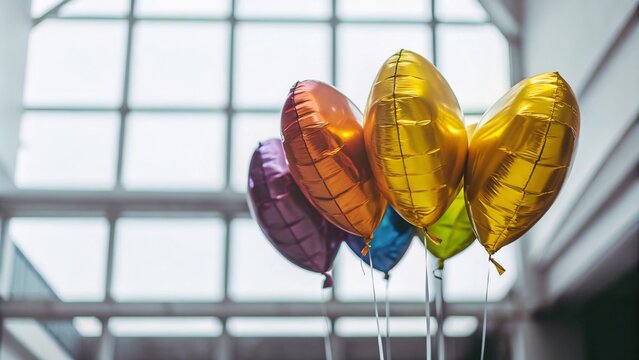 Colorful Metallic Balloons Against Bright Background