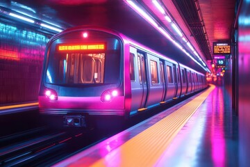 Fototapeta premium dynamic underground subway train speeding through illuminated tunnels reflecting the modern urban experience with neon pink and blue lighting creating a vibrant and energetic atmosphere