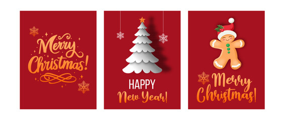 Сhristmas New Year cards, vector graphics, three postcards in a set, minimalistic vector, lettering, design element, red background, for social networks, for mail, for printing, poster, editable
