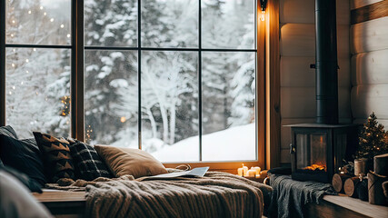 cozy lofi room for winter relaxation, pleasant night lighting with a large window and a view of nature, cozy home interior items