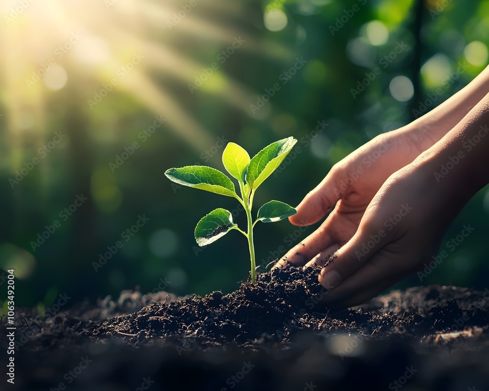 Aufkleber hands tenderly planting sapling in fertile soil with soft light streaming through