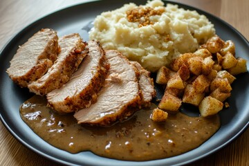 Turkey Dinner: Sliced turkey roast with gravy sauce. Served on a dark plate with, stuffing, mashed potatoes dashed with seasoning. Thanksgiving. Meal.
