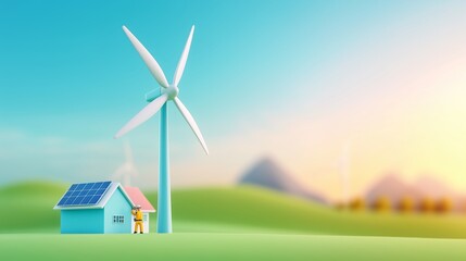 Obraz premium Toy engineer wind turbine solar-powered house eco-friendly landscape in blue sky worker educational model homes village green energy sustainable