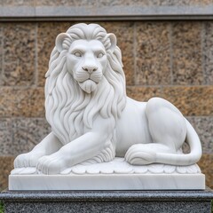A marble sculpture of a lion resting gracefully on a stone base.