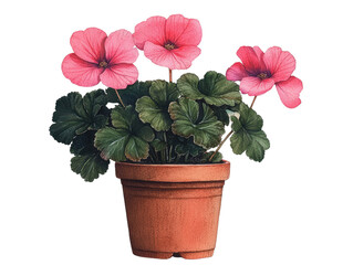 A vibrant potted plant with pink flowers and lush green leaves 
