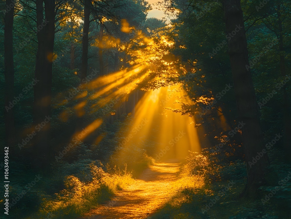 Poster a serene forest scene with sunlight filtering through trees, illuminating a winding path.