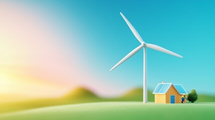 Obraz premium Toy worker fixing eco house solar panels wind turbine theme green energy in blue sky educational model solar-powered homes eco-friendly village