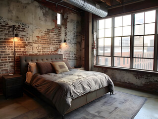 Modern bedroom with brick wall, large industrial-style bed, minimalistic decoration, and plenty of natural light.