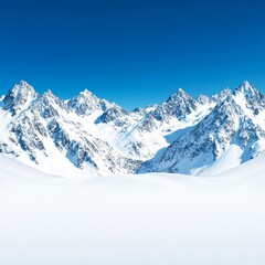 Snowy mountain landscape under a clear blue sky.
