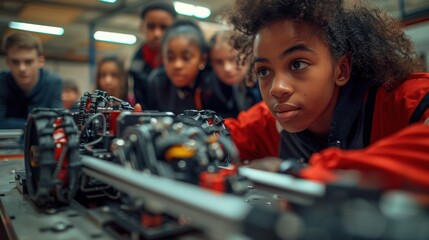 A young girl enthusiastically explains robot programming to classmates, showcasing teamwork and innovation in a workshop setting.