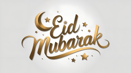an image of "Eid Mubarak" in a gold script font, with a gold crescent moon and stars scattered around. 