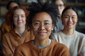 A group of multicultural designers smiling at the camera, conveying a warm and collaborative atmosphere. The focus is on a person with glasses and curly hair.