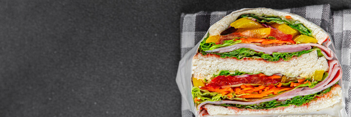 sandwich layers vegetables and ham meat spam fresh meal food snack on the table copy space food background rustic top view